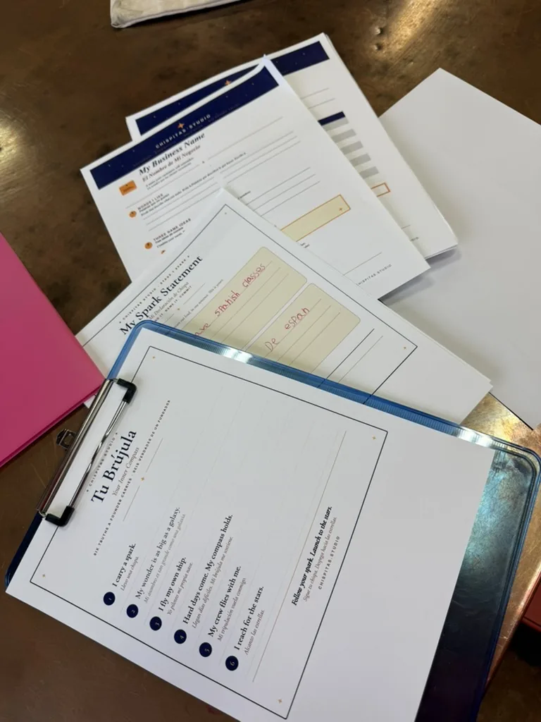 Chispitas worksheets titled Tu Brújula, My Spark Statement, and My Business Name, spread across a worktable.